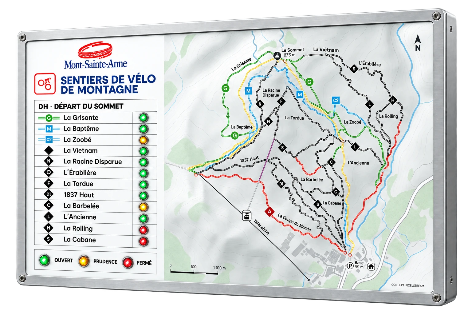 Mont-Sainte-Anne concept panel in brushed aluminum, with a mountain bike trail map and a column of LED trail statuses